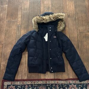 Navy Puffer Jacket with Faux Fur Hood size sm